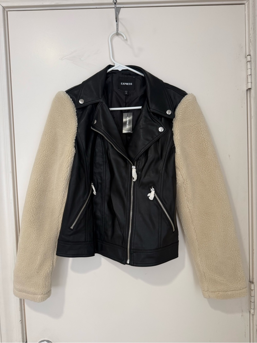 Express Black Faux Leather Moto Jacket with Cream Sherpa Sleeves